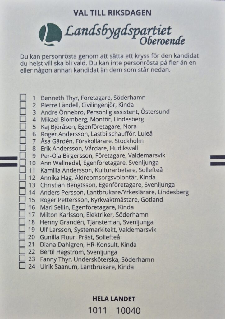 Valsedel Riksdagsvalet Landsbygdspartiet 2026